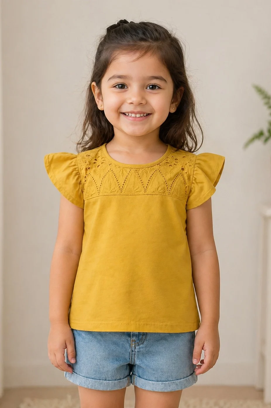 Girls yellow chikankari tee